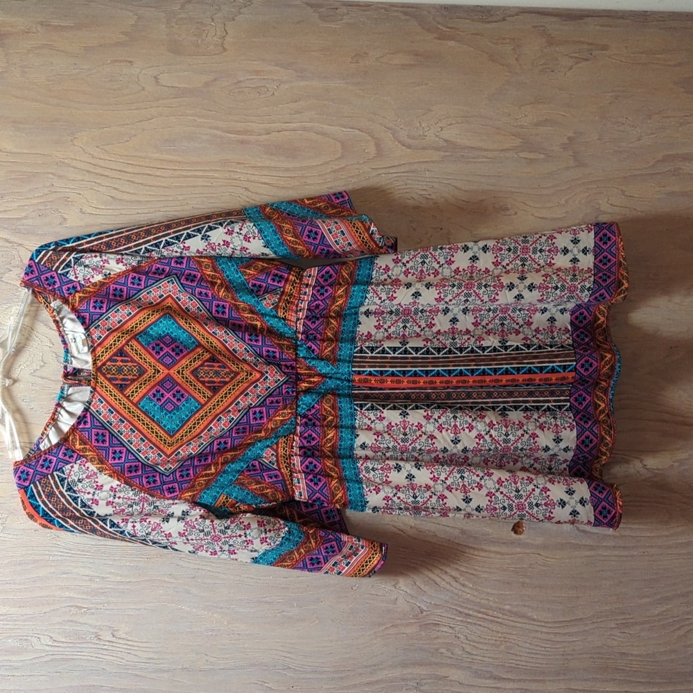Pink Owl Multicolor Aztec Print Flared Sleeve Pullover Dress Women's Size Large